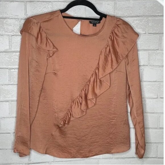 Topshop Tops - Topshop Shiny Ruffle Long Sleeve Blouse